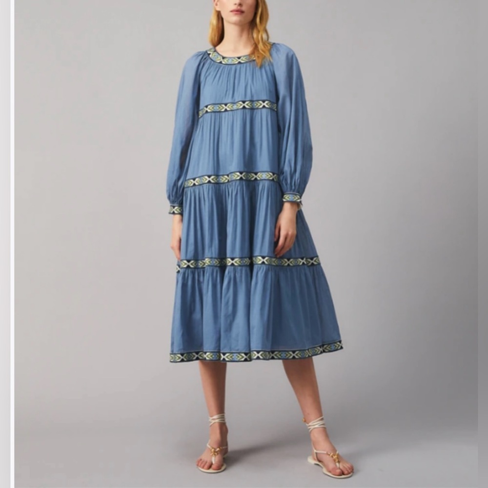Tory Burch Embroidered Trim Puffed-sleeve Dress In Shadow Blue